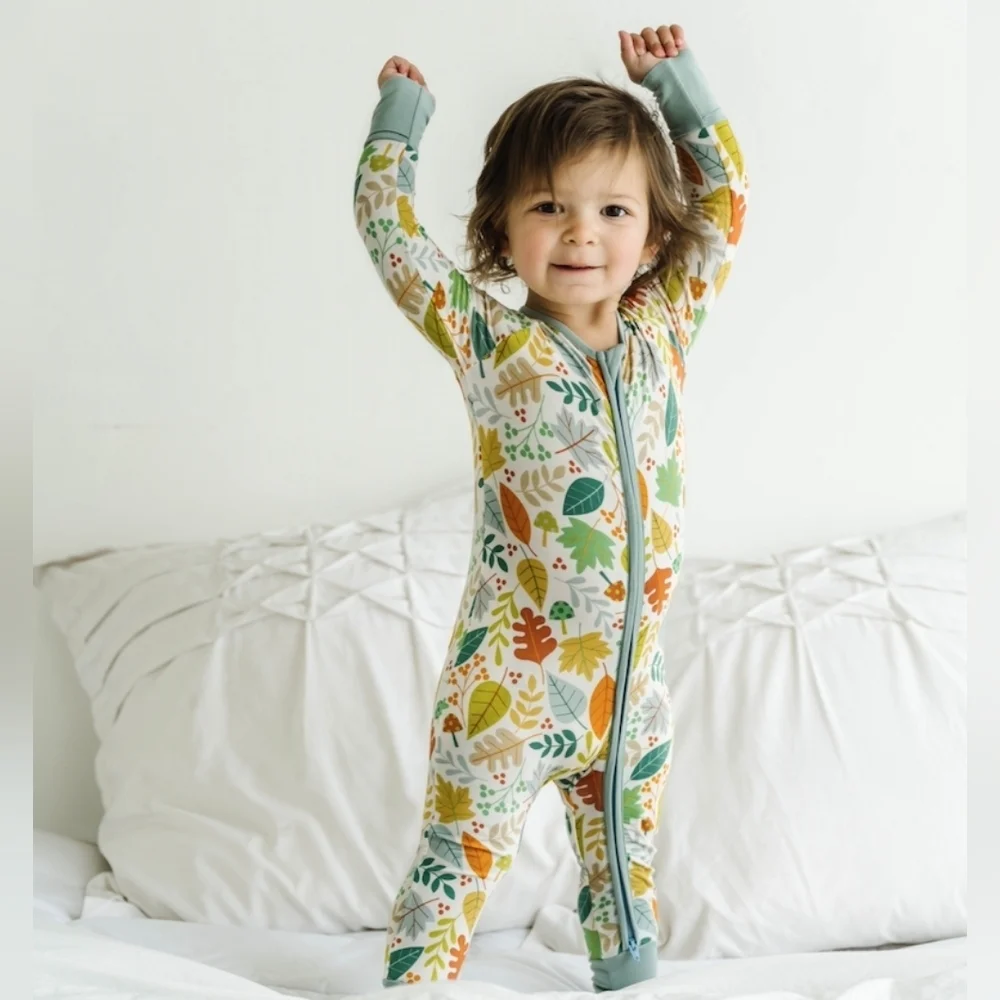 Little Sleepies - Warm Taupe Fall Leaves Bamboo Viscose Zippy